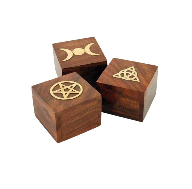 Brass Inlaid 2.5x2.5 Box Pentagram Triple Moon Triquetra