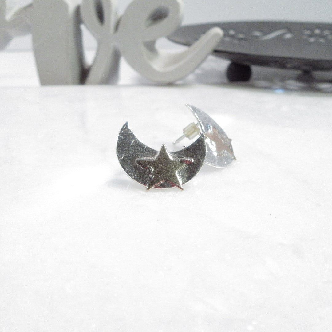 Post Earring Crescent Moons Silver with Gold Stars