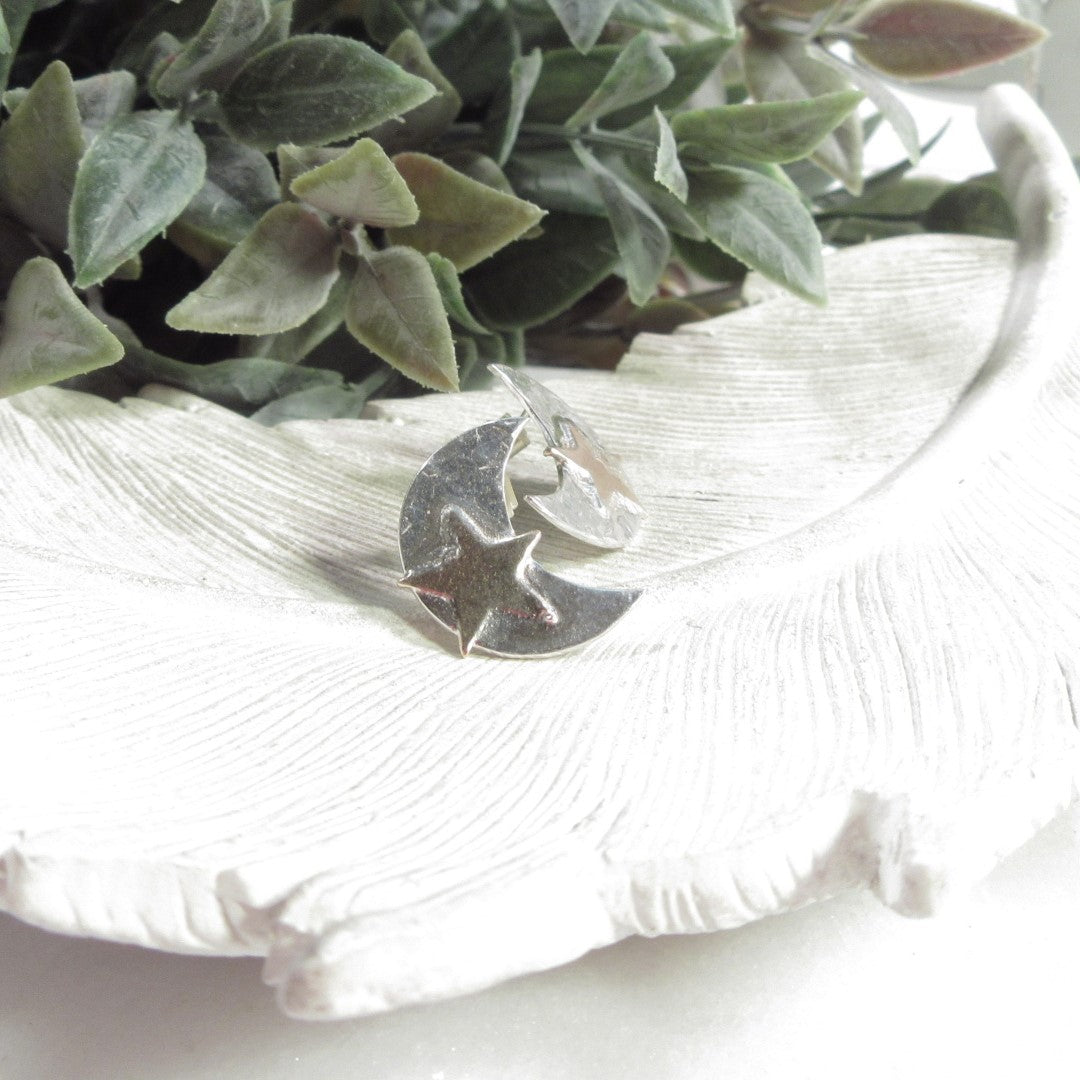 Post Earring Crescent Moons Silver with Gold Stars