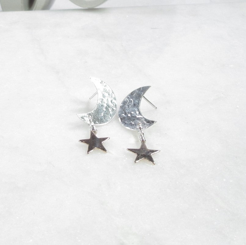 Post Earring Crescent Moons Gold Star Dangles