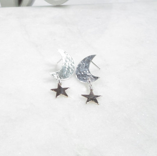 Post Earring Crescent Moons Gold Star Dangles