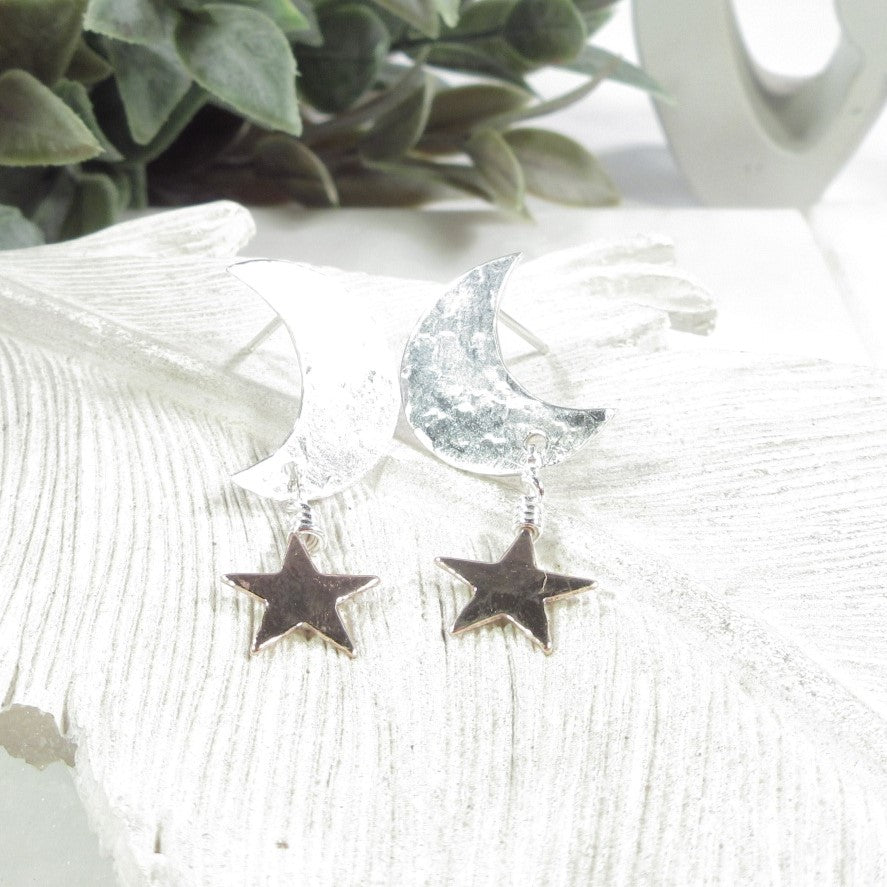 Post Earring Crescent Moons Gold Star Dangles