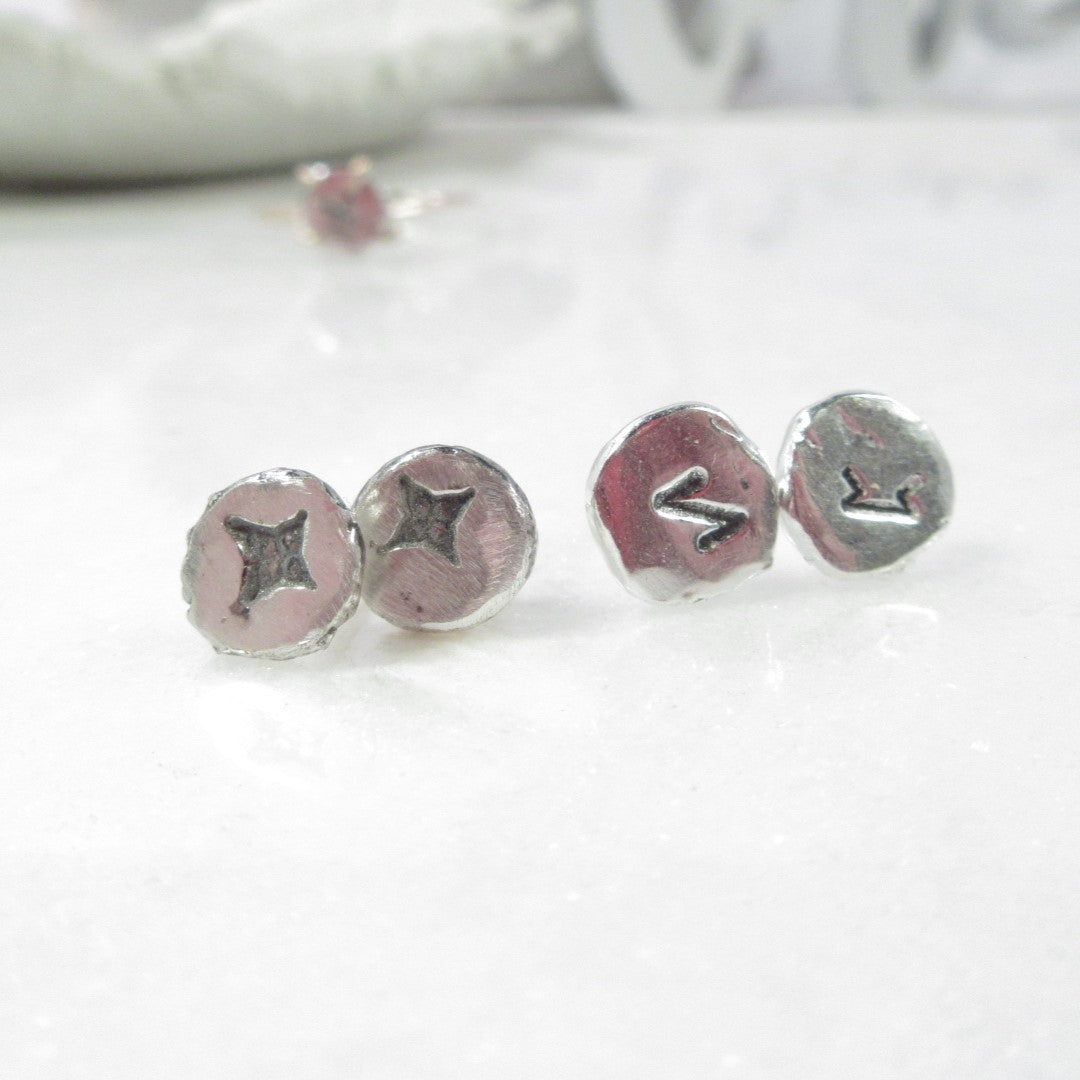 Mens Nugget Stud Earrings Design Symbols .999 Silver