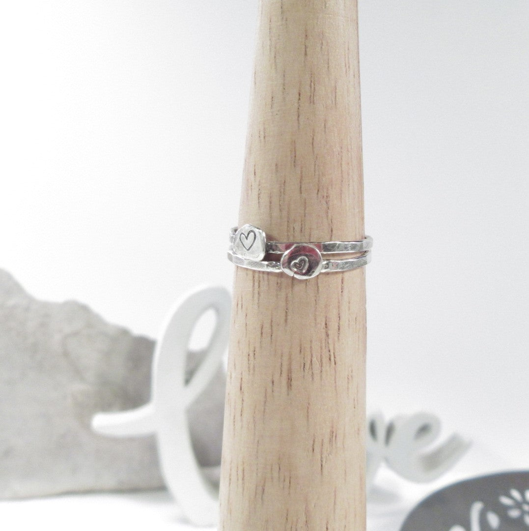 Nugget Stacking Rings Hearts Hammered Sterling Silver 2 Ring Set